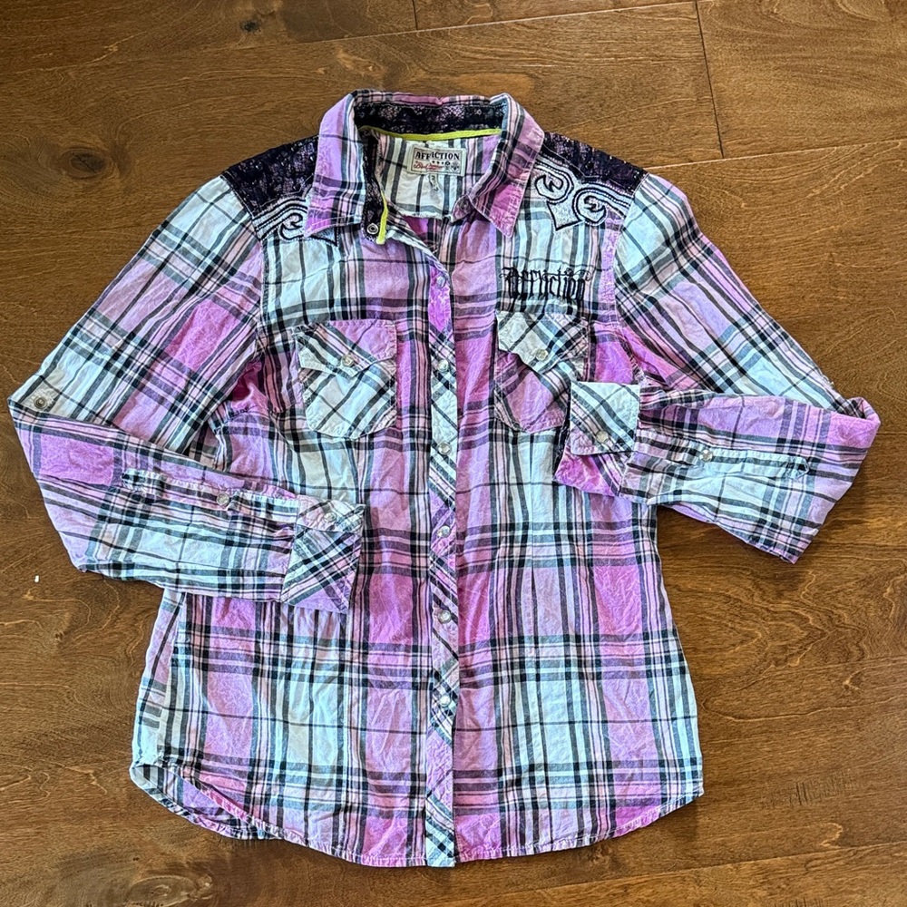 Affliction Plaid Button Down Shirt in Pink and Black